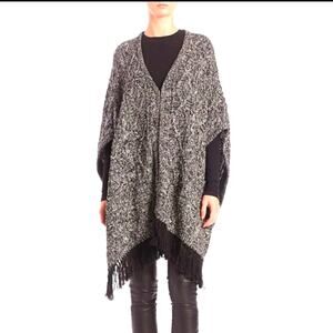 Alice & Olivia Oversized Chester Marled knit fringe black white poncho size XS